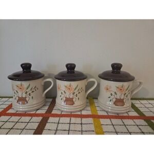 Vintage Countryside Stoneware Collection Lidded Mugs Set of 3 Floral Basket 12oz
